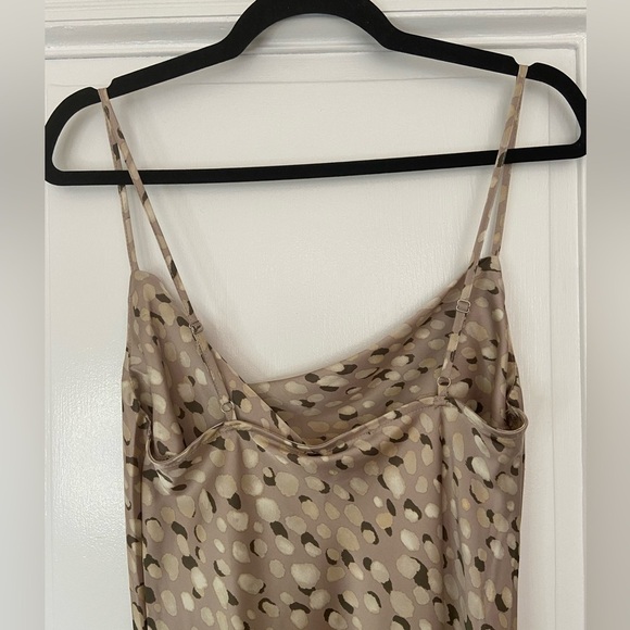 NWT Forever 21 Silky Satin Cowl Tan Brown Pattern Asymmetrical Hem Formal Dress - Picture 7 of 13